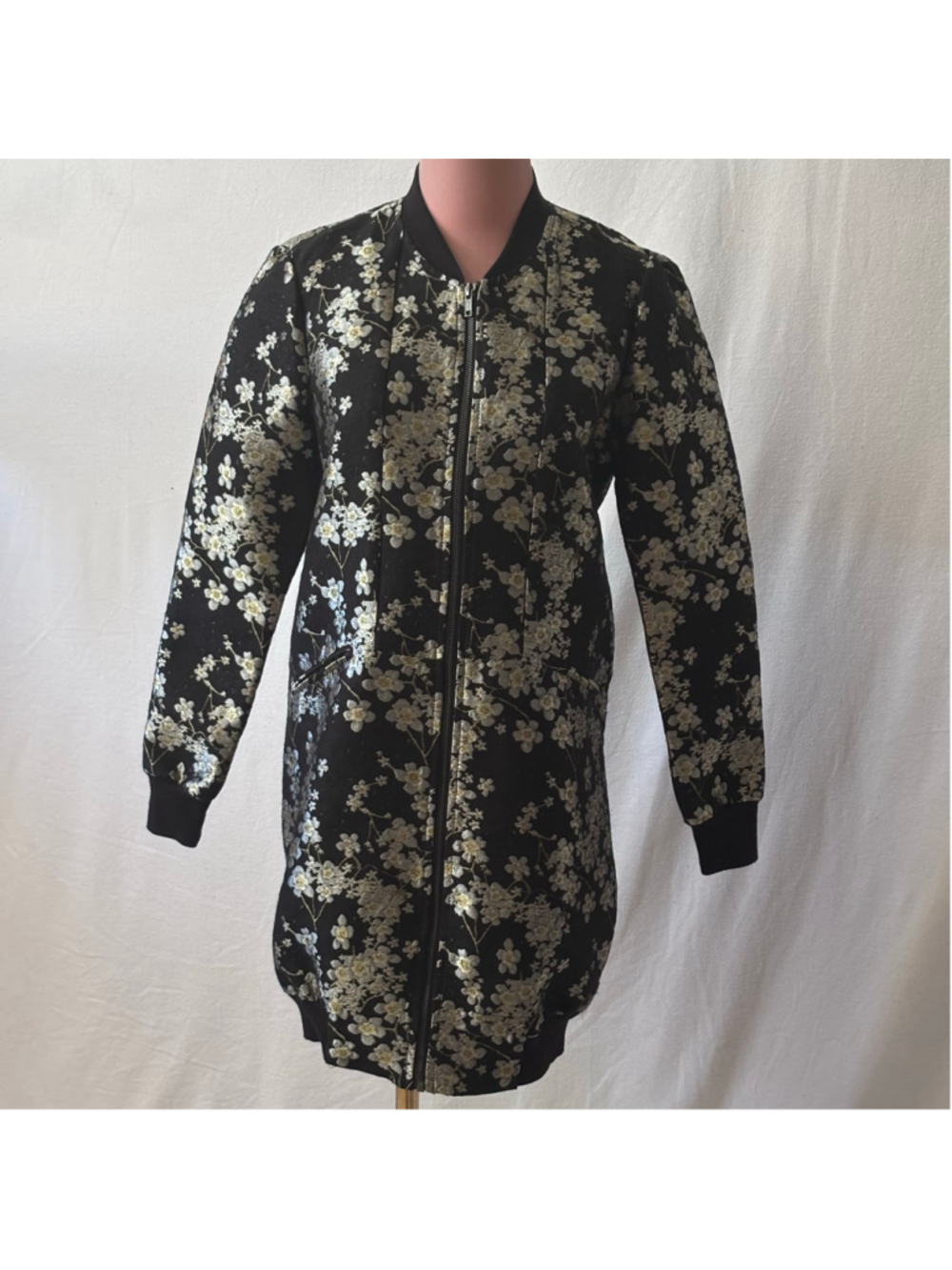 BCBGeneration Floral Jacquard Longline Bomber Jacket Coat Black XS